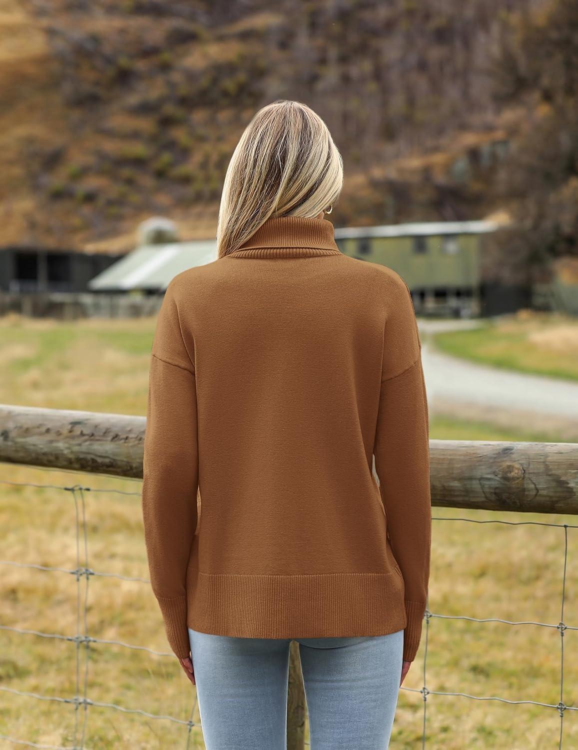 imageZeagoo Womens Turtleneck Sweater 2025 Fall Winter Chunky Knitted Pullover High Low Hem Trendy Basic Jumper TopBrown