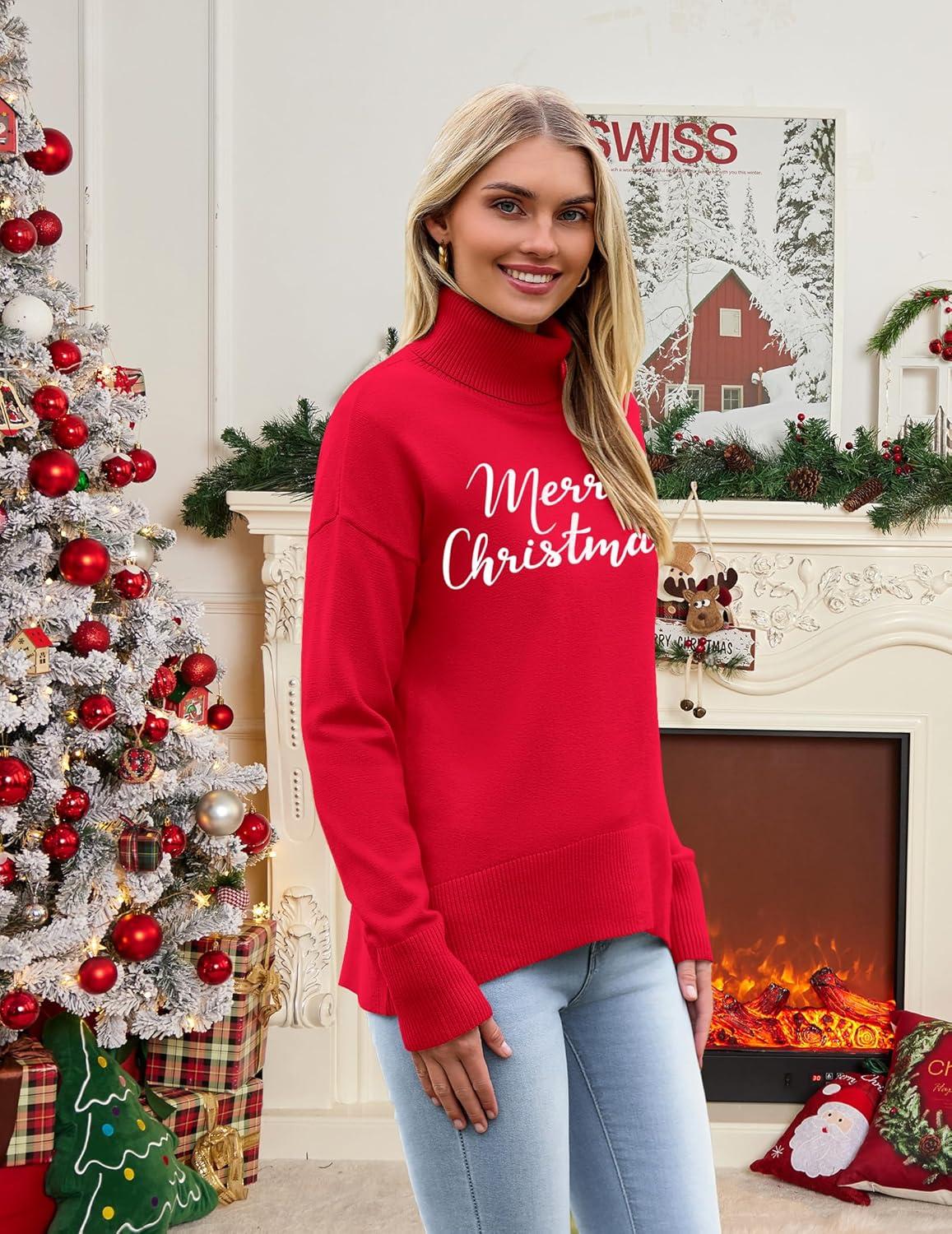 imageZeagoo Womens Turtleneck Sweater 2025 Fall Winter Chunky Knitted Pullover High Low Hem Trendy Basic Jumper TopChristmas Letter