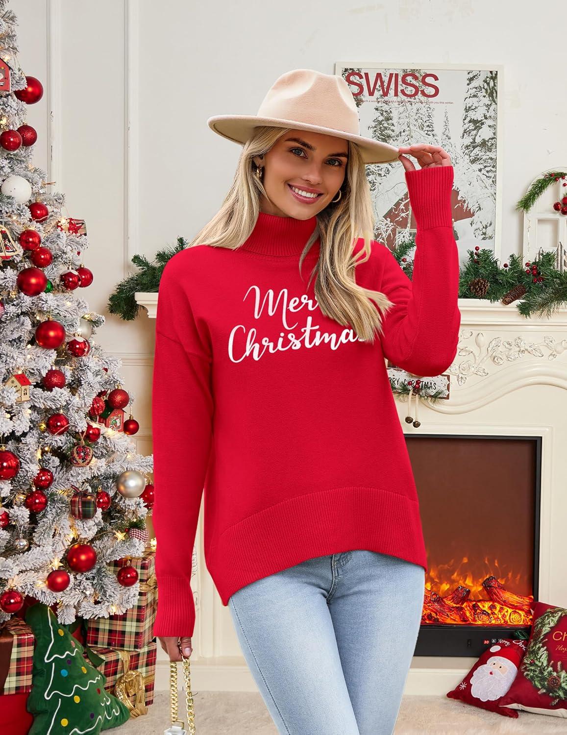 imageZeagoo Womens Turtleneck Sweater 2025 Fall Winter Chunky Knitted Pullover High Low Hem Trendy Basic Jumper TopChristmas Letter