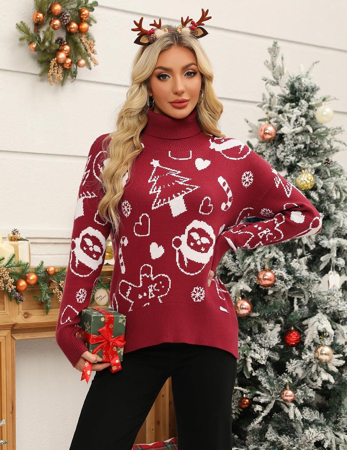imageZeagoo Womens Turtleneck Sweater 2025 Fall Winter Chunky Knitted Pullover High Low Hem Trendy Basic Jumper TopChristmas Pattern