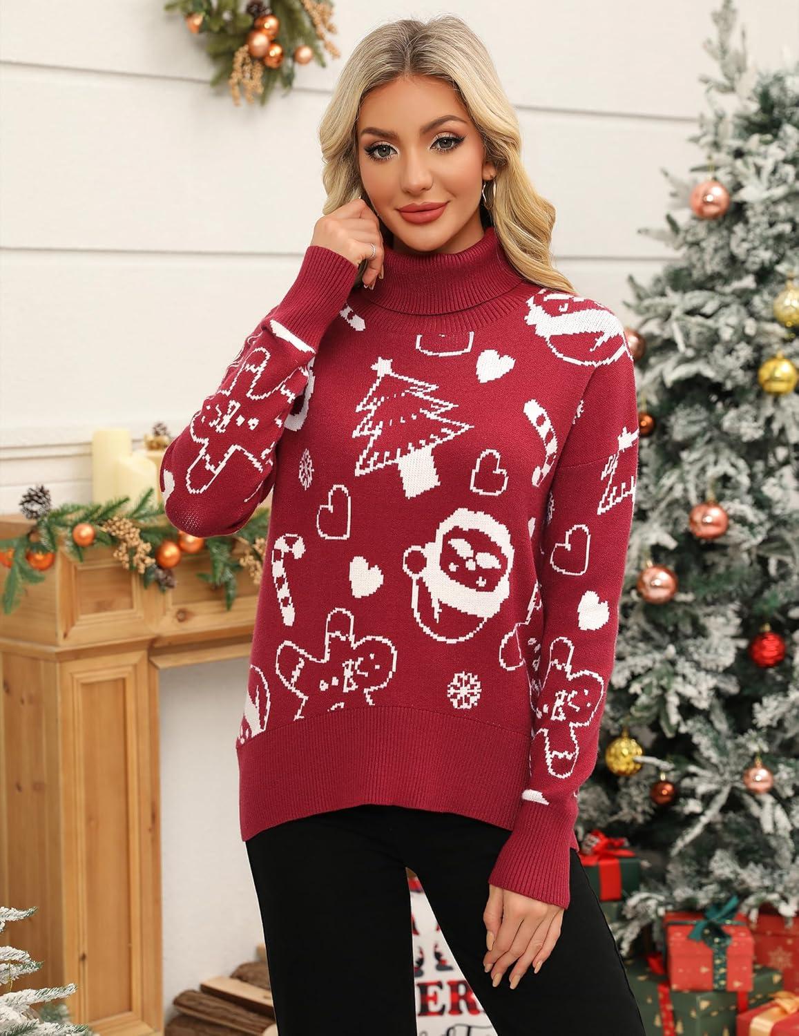 imageZeagoo Womens Turtleneck Sweater 2025 Fall Winter Chunky Knitted Pullover High Low Hem Trendy Basic Jumper TopChristmas Pattern