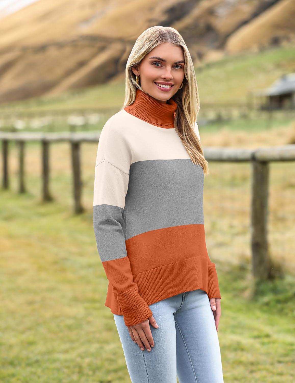imageZeagoo Womens Turtleneck Sweater 2025 Fall Winter Chunky Knitted Pullover High Low Hem Trendy Basic Jumper TopColorblock Orange