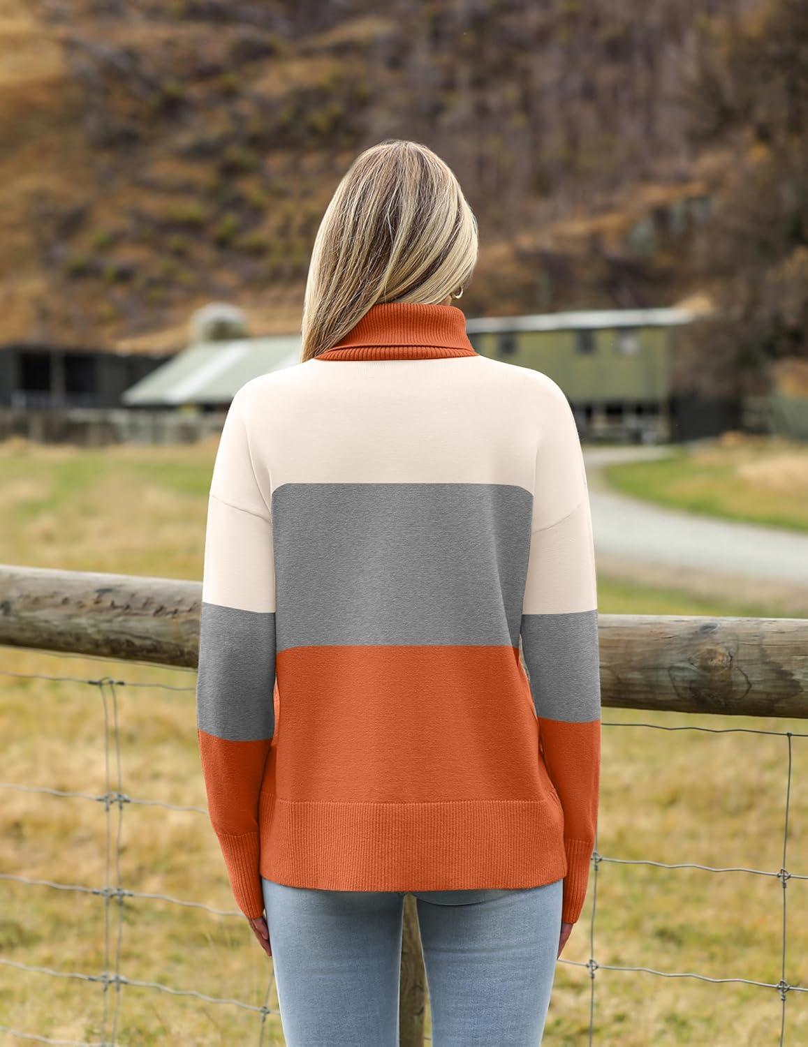 imageZeagoo Womens Turtleneck Sweater 2025 Fall Winter Chunky Knitted Pullover High Low Hem Trendy Basic Jumper TopColorblock Orange