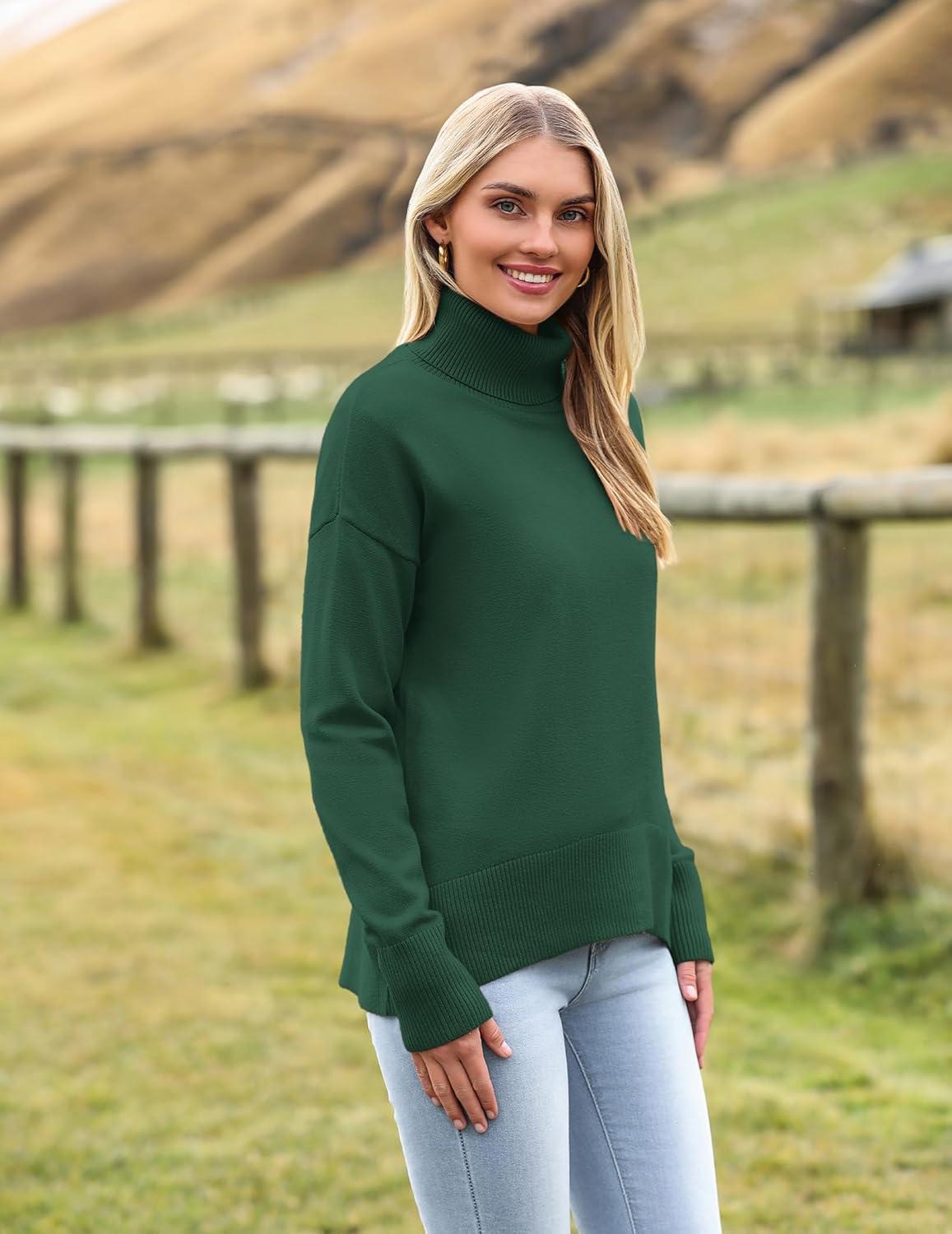 imageZeagoo Womens Turtleneck Sweater 2025 Fall Winter Chunky Knitted Pullover High Low Hem Trendy Basic Jumper TopGreen