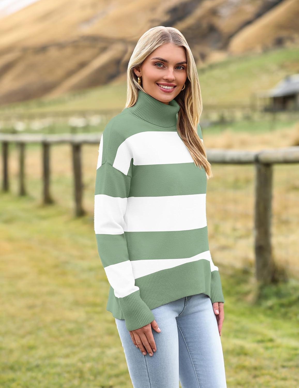 imageZeagoo Womens Turtleneck Sweater 2025 Fall Winter Chunky Knitted Pullover High Low Hem Trendy Basic Jumper TopGreen Stripe