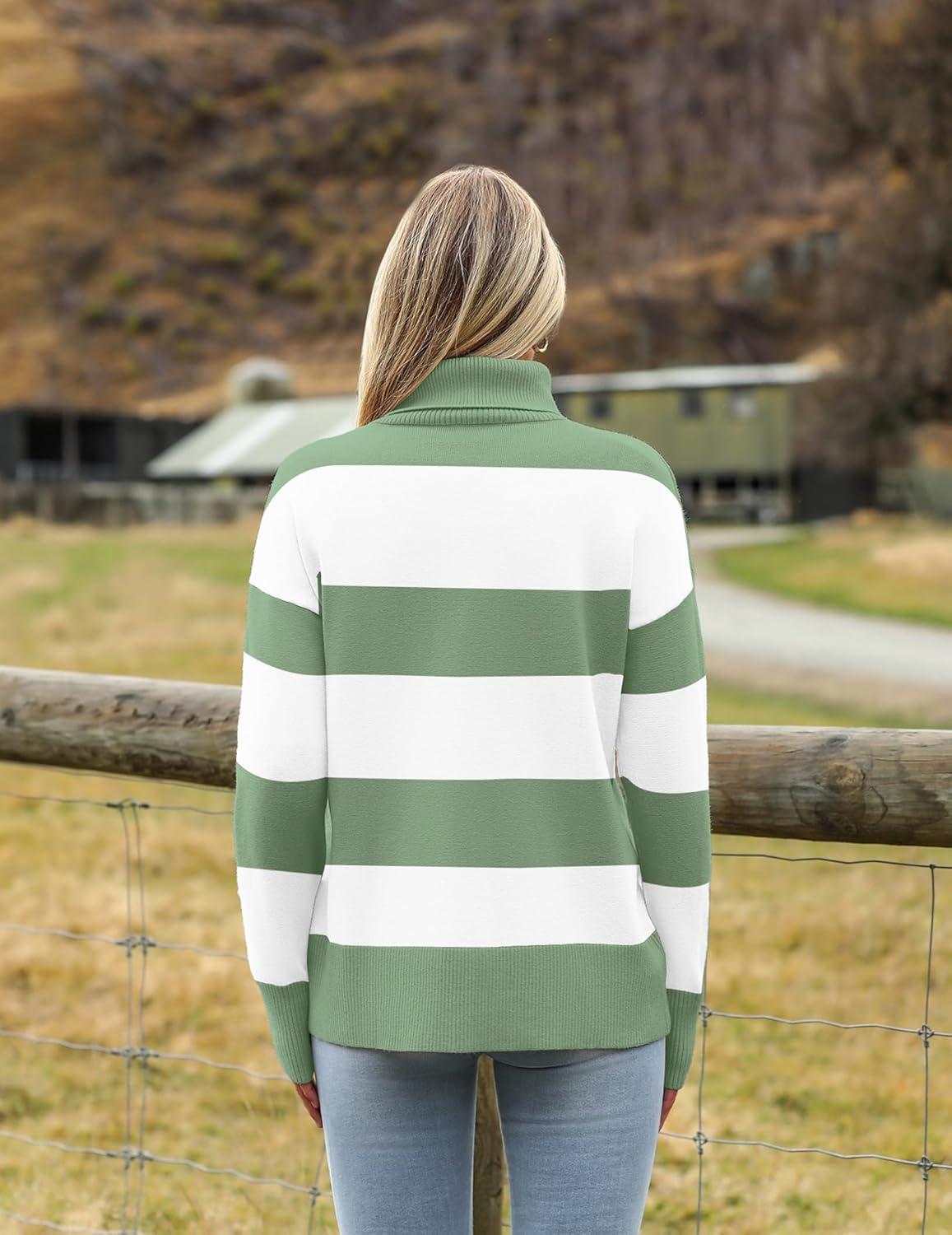 imageZeagoo Womens Turtleneck Sweater 2025 Fall Winter Chunky Knitted Pullover High Low Hem Trendy Basic Jumper TopGreen Stripe