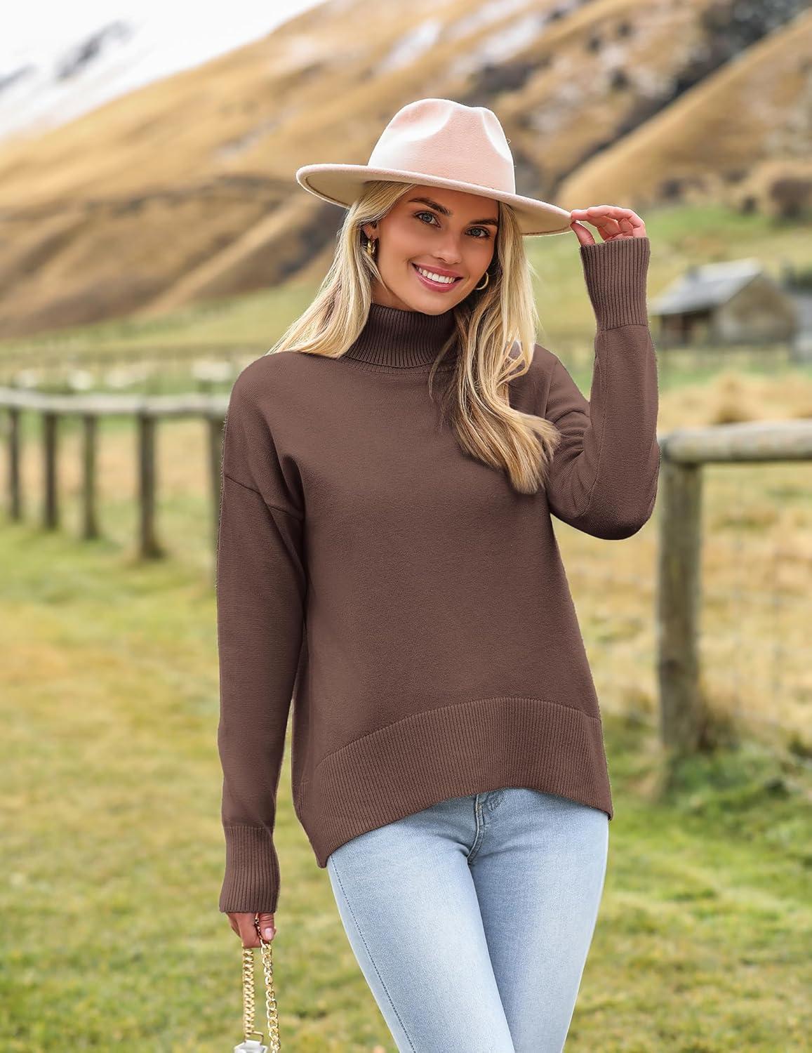 imageZeagoo Womens Turtleneck Sweater 2025 Fall Winter Chunky Knitted Pullover High Low Hem Trendy Basic Jumper TopNutmeg