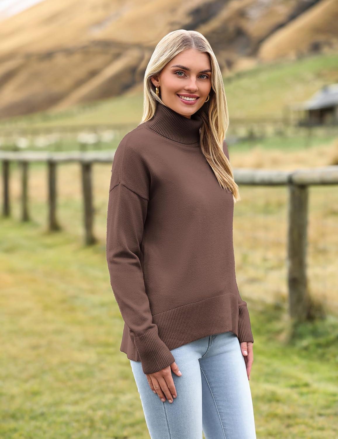 imageZeagoo Womens Turtleneck Sweater 2025 Fall Winter Chunky Knitted Pullover High Low Hem Trendy Basic Jumper TopNutmeg
