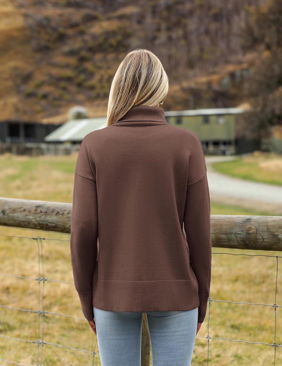 imageZeagoo Womens Turtleneck Sweater 2025 Fall Winter Chunky Knitted Pullover High Low Hem Trendy Basic Jumper TopNutmeg