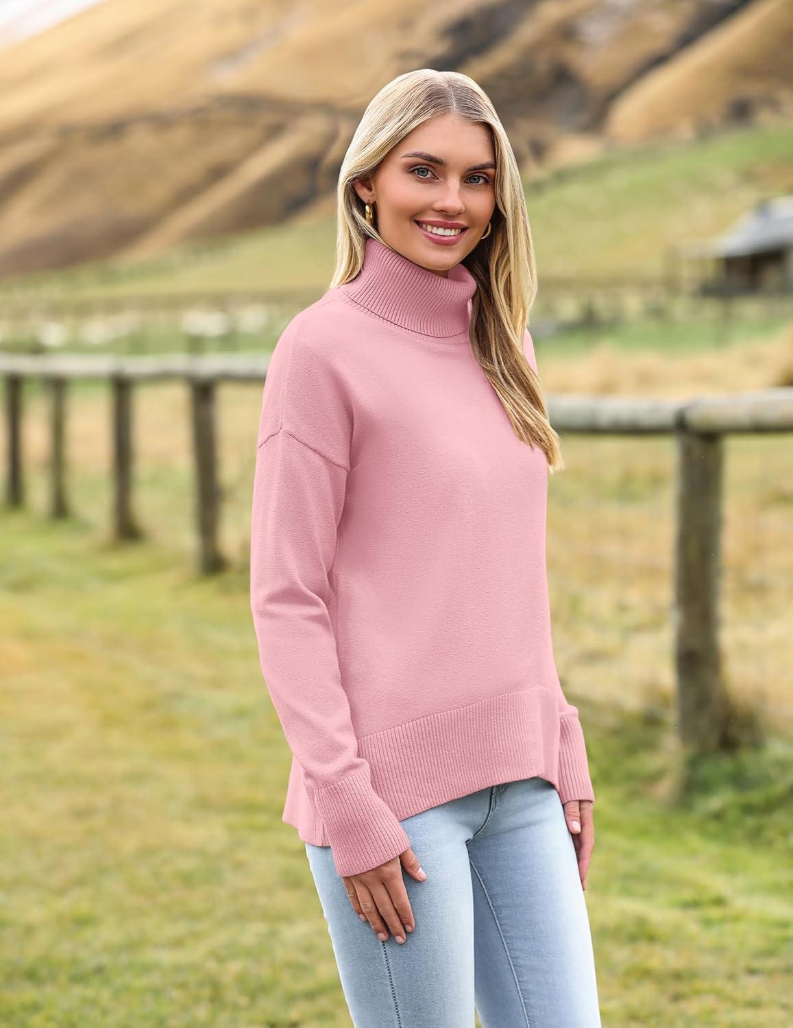 imageZeagoo Womens Turtleneck Sweater 2025 Fall Winter Chunky Knitted Pullover High Low Hem Trendy Basic Jumper TopPink