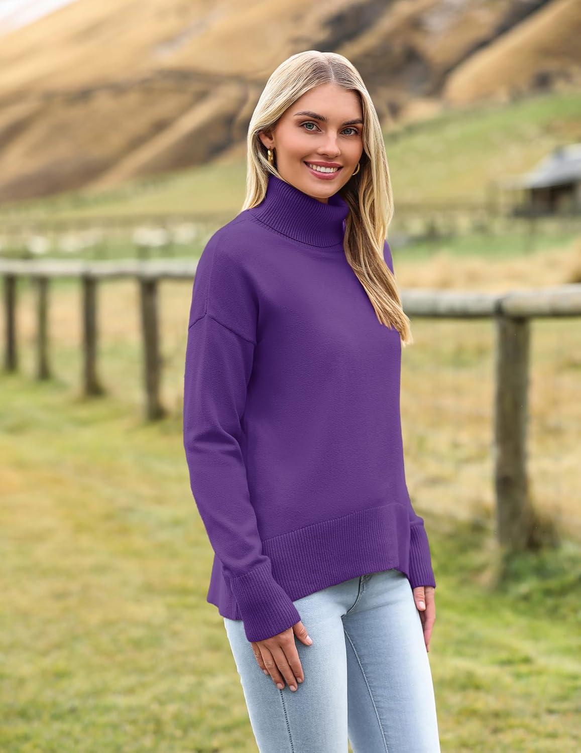 imageZeagoo Womens Turtleneck Sweater 2025 Fall Winter Chunky Knitted Pullover High Low Hem Trendy Basic Jumper TopPurple