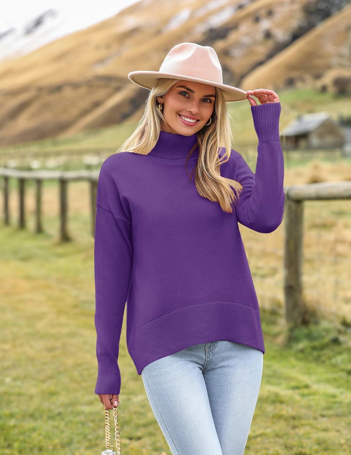 imageZeagoo Womens Turtleneck Sweater 2025 Fall Winter Chunky Knitted Pullover High Low Hem Trendy Basic Jumper TopPurple