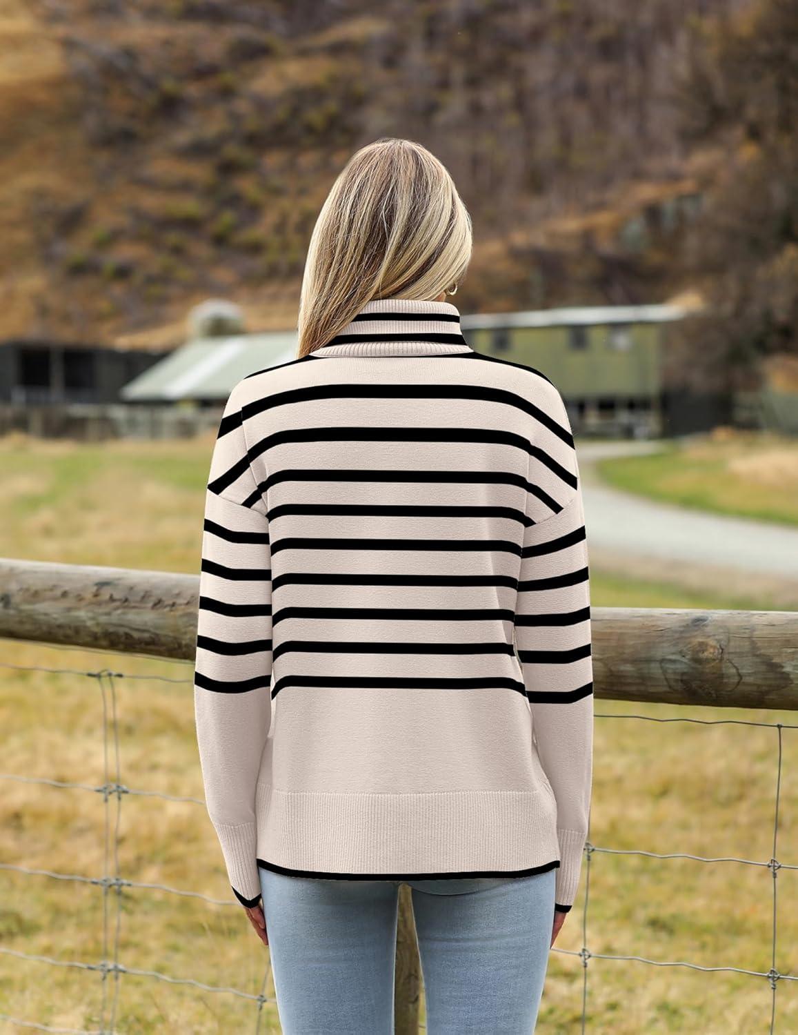imageZeagoo Womens Turtleneck Sweater 2025 Fall Winter Chunky Knitted Pullover High Low Hem Trendy Basic Jumper TopStriped Beige