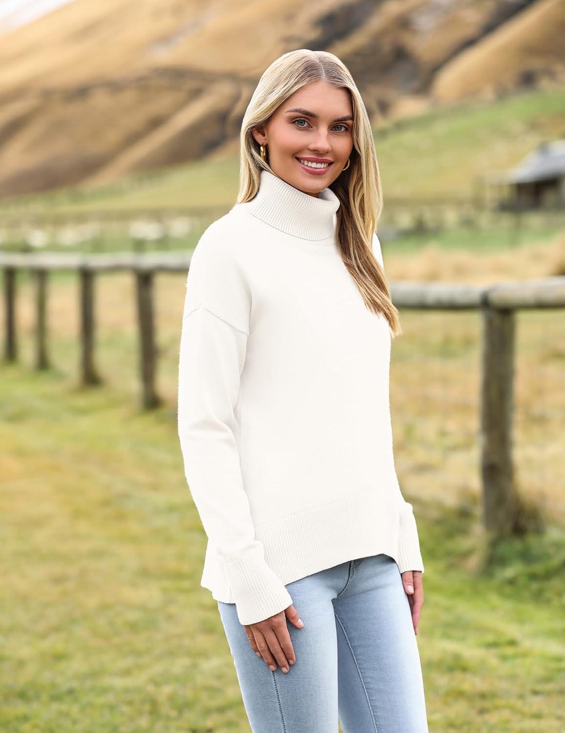 imageZeagoo Womens Turtleneck Sweater 2025 Fall Winter Chunky Knitted Pullover High Low Hem Trendy Basic Jumper TopWhite