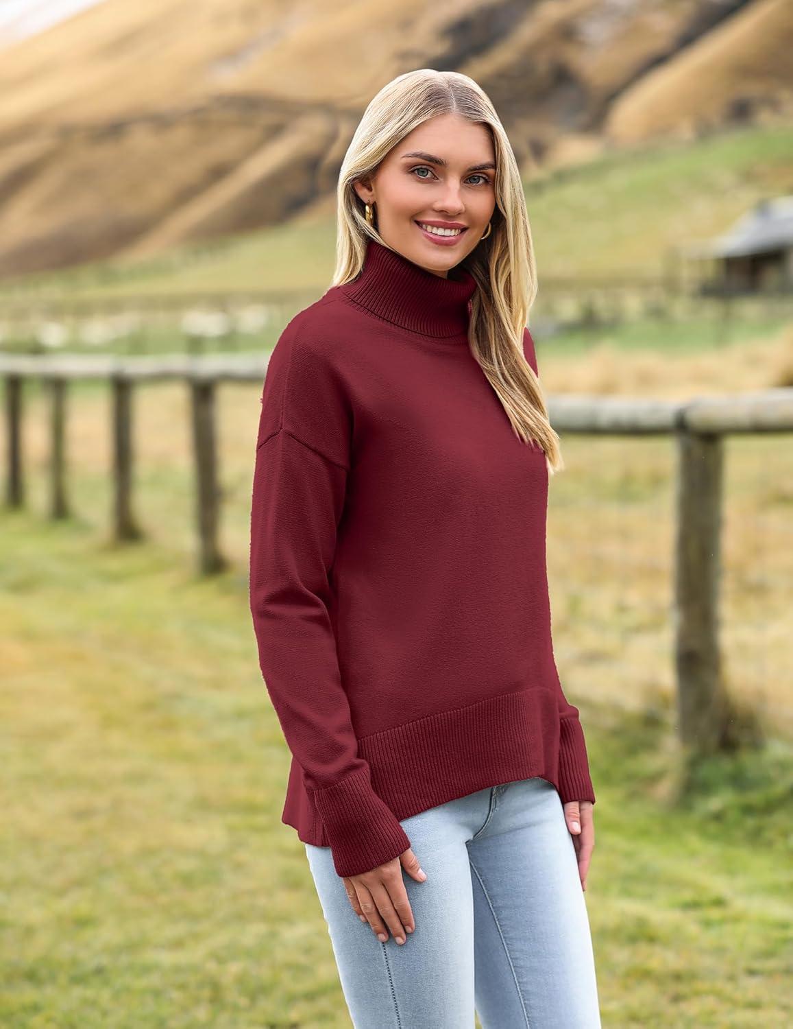 imageZeagoo Womens Turtleneck Sweater 2025 Fall Winter Chunky Knitted Pullover High Low Hem Trendy Basic Jumper TopWine Red