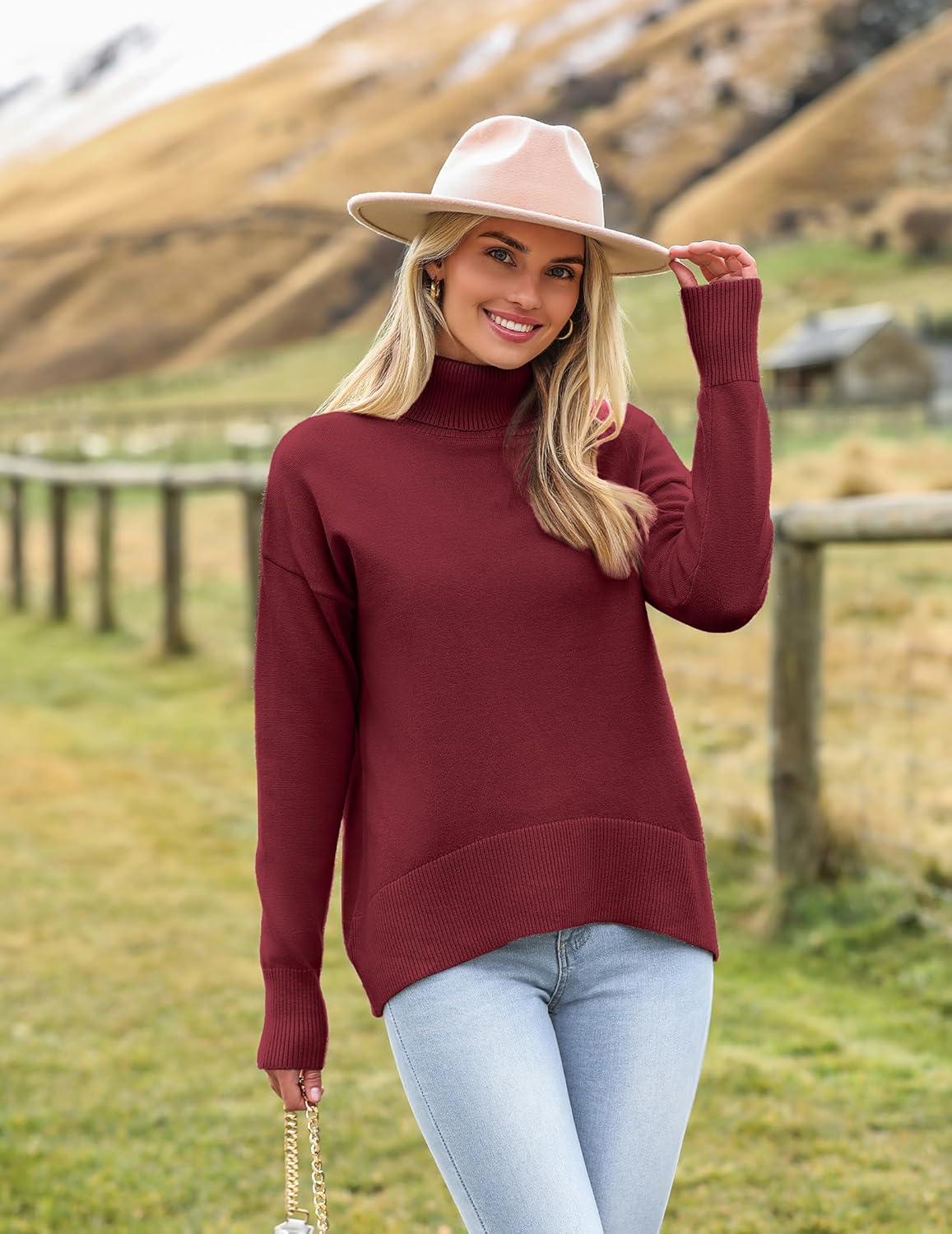 imageZeagoo Womens Turtleneck Sweater 2025 Fall Winter Chunky Knitted Pullover High Low Hem Trendy Basic Jumper TopWine Red