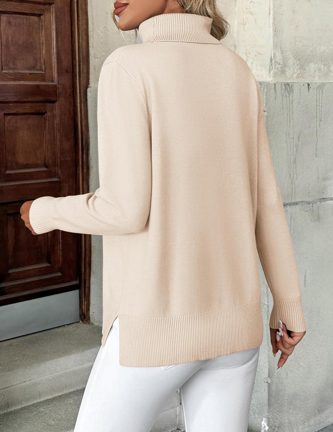 imageZeagoo Womens Turtleneck Sweater Long Sleeve Spilt Hem Casual Knit Pullover Chunky Fall Winter Jumper Top 2025Beige