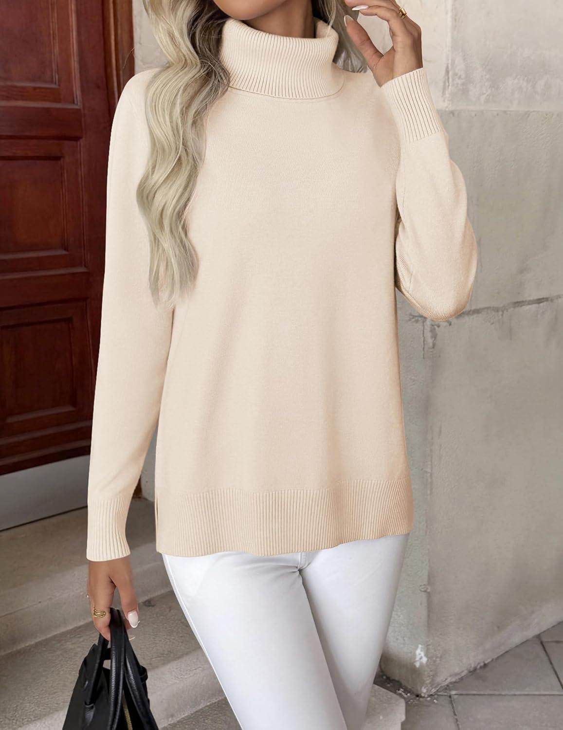 imageZeagoo Womens Turtleneck Sweater Long Sleeve Spilt Hem Casual Knit Pullover Chunky Fall Winter Jumper Top 2025Beige