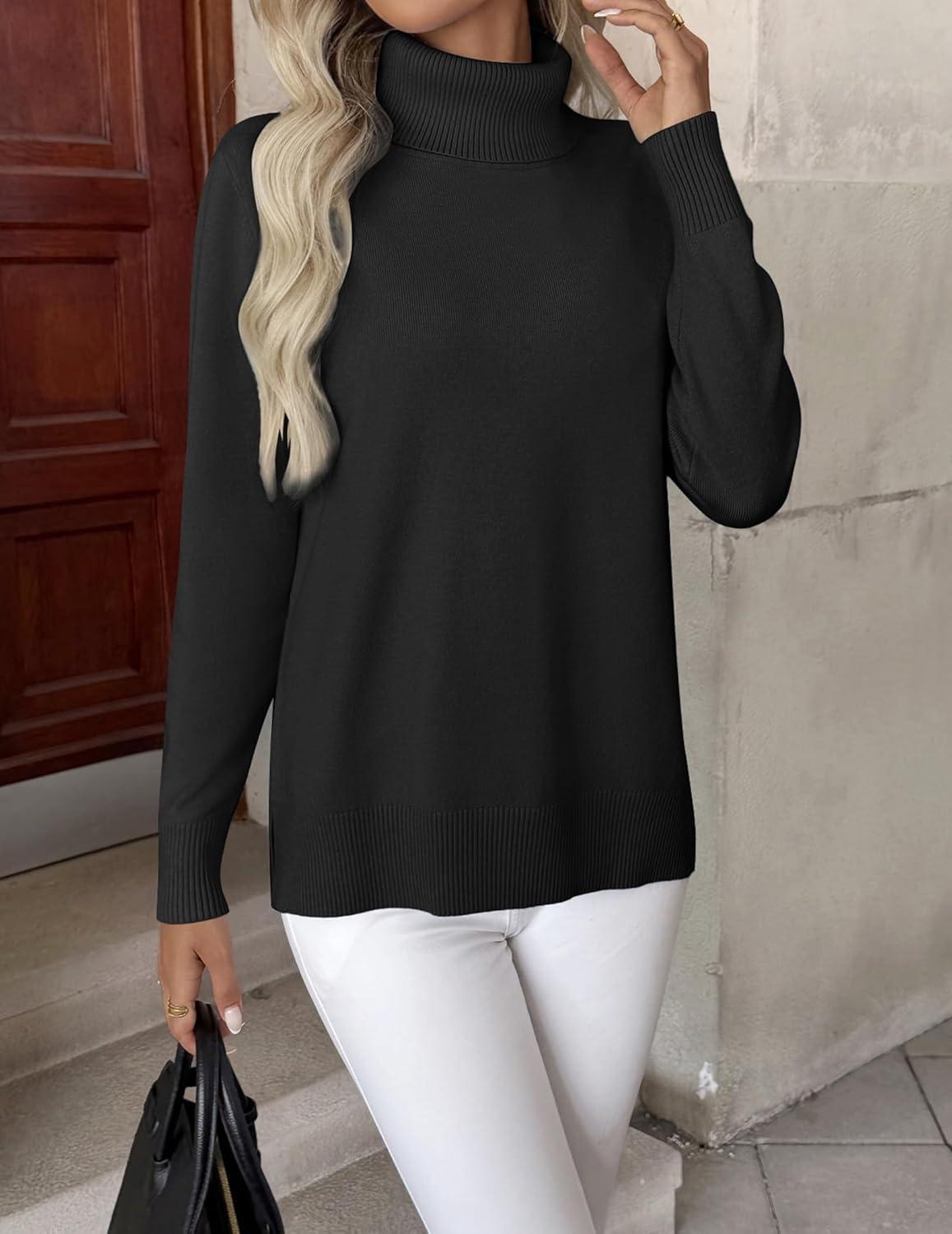 imageZeagoo Womens Turtleneck Sweater Long Sleeve Spilt Hem Casual Knit Pullover Chunky Fall Winter Jumper Top 2025Black