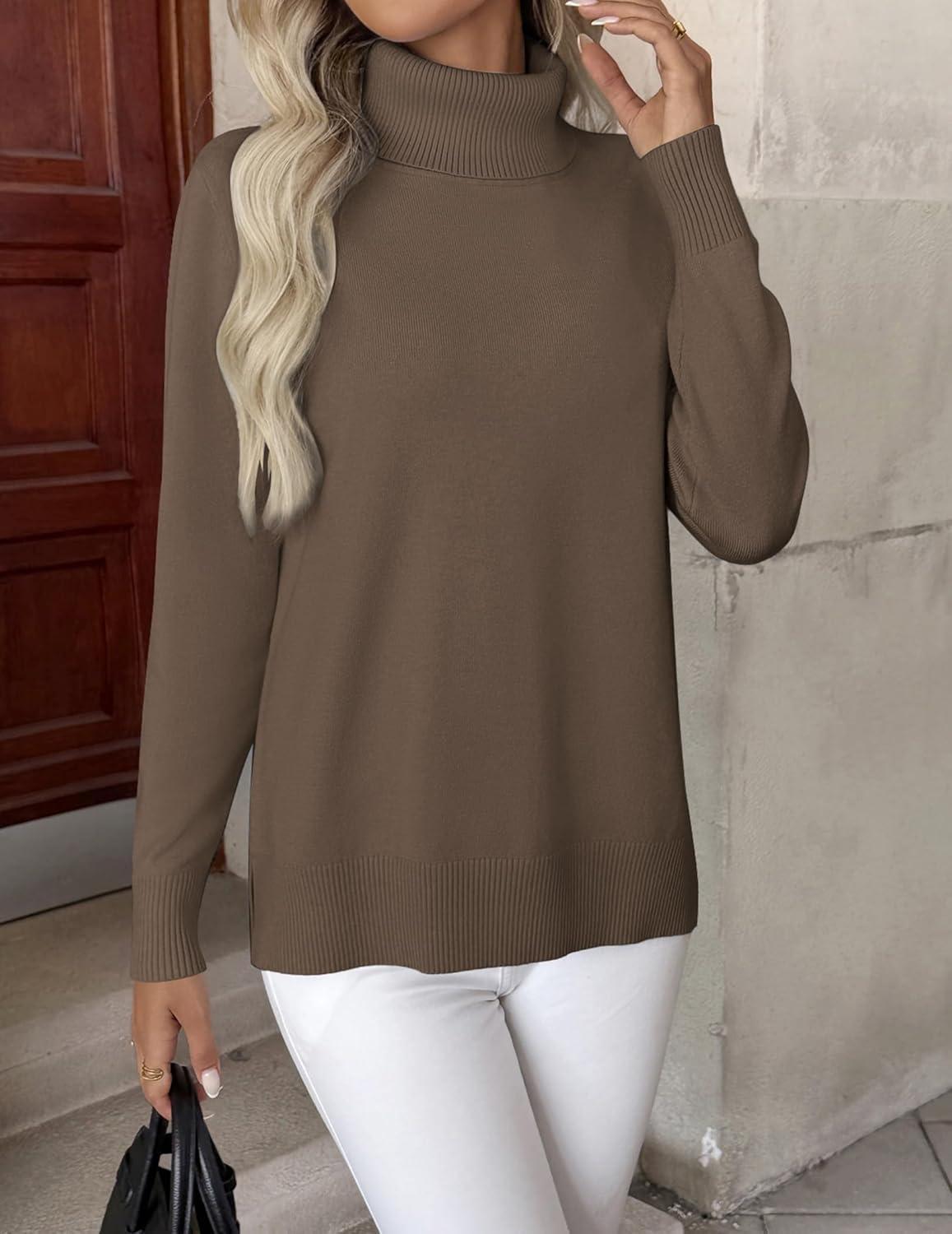 imageZeagoo Womens Turtleneck Sweater Long Sleeve Spilt Hem Casual Knit Pullover Chunky Fall Winter Jumper Top 2025Brown