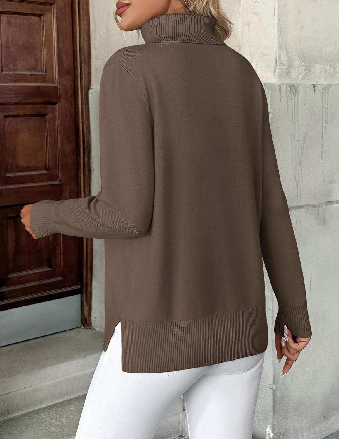 imageZeagoo Womens Turtleneck Sweater Long Sleeve Spilt Hem Casual Knit Pullover Chunky Fall Winter Jumper Top 2025Brown