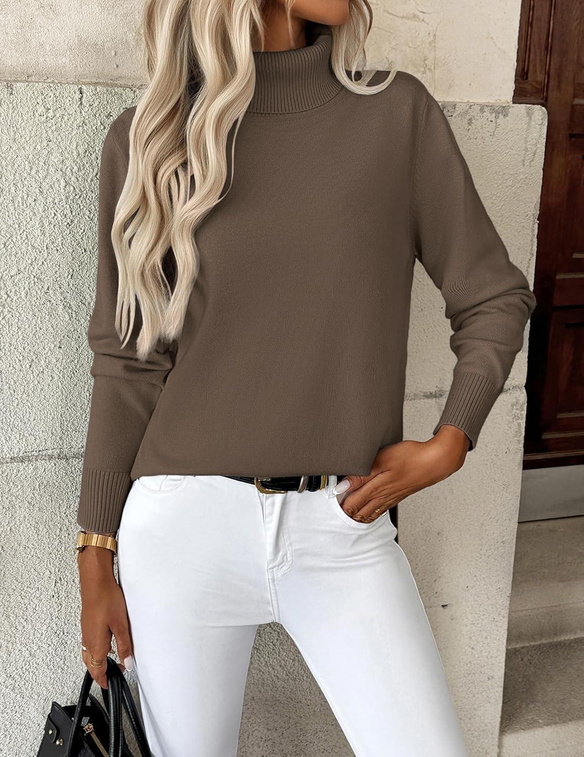 imageZeagoo Womens Turtleneck Sweater Long Sleeve Spilt Hem Casual Knit Pullover Chunky Fall Winter Jumper Top 2025Brown