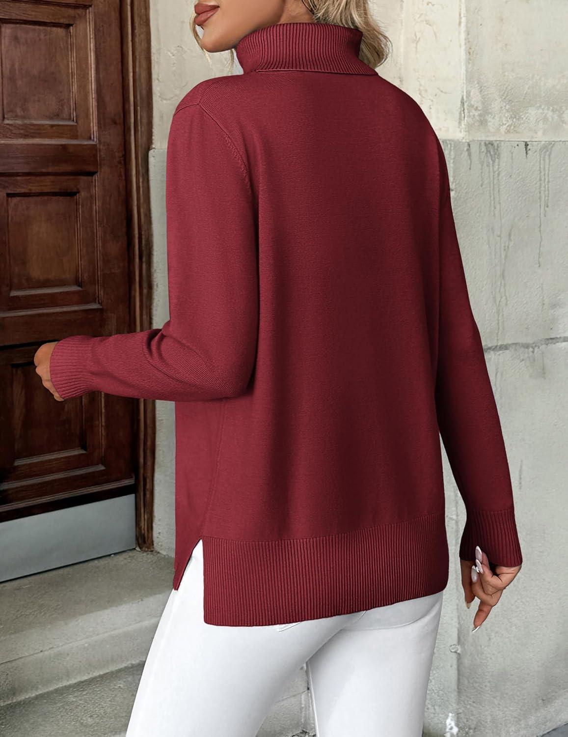 imageZeagoo Womens Turtleneck Sweater Long Sleeve Spilt Hem Casual Knit Pullover Chunky Fall Winter Jumper Top 2025Deep Red