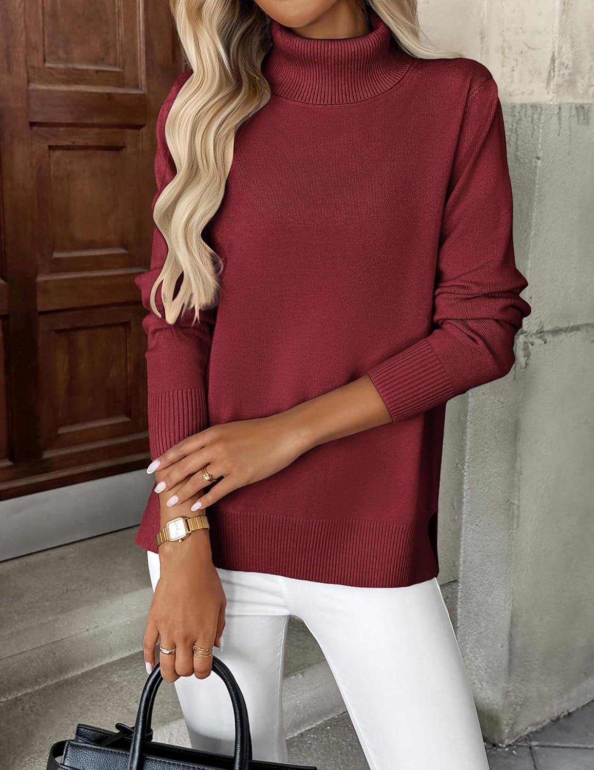 imageZeagoo Womens Turtleneck Sweater Long Sleeve Spilt Hem Casual Knit Pullover Chunky Fall Winter Jumper Top 2025Deep Red