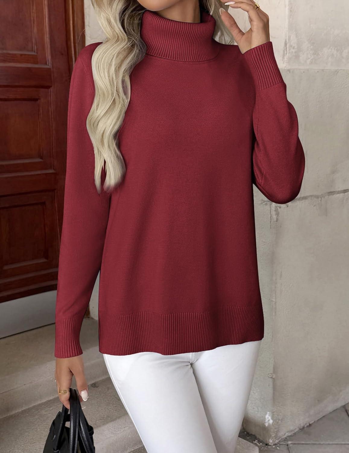 imageZeagoo Womens Turtleneck Sweater Long Sleeve Spilt Hem Casual Knit Pullover Chunky Fall Winter Jumper Top 2025Deep Red