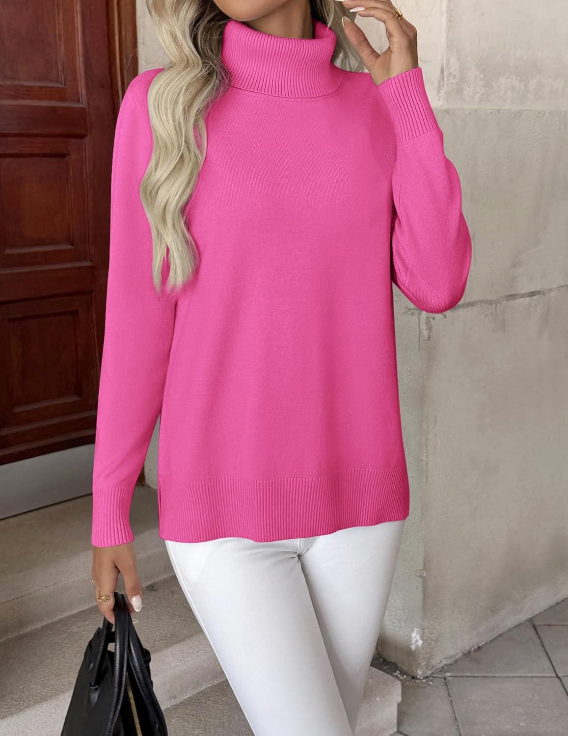 imageZeagoo Womens Turtleneck Sweater Long Sleeve Spilt Hem Casual Knit Pullover Chunky Fall Winter Jumper Top 2025Hot Pink