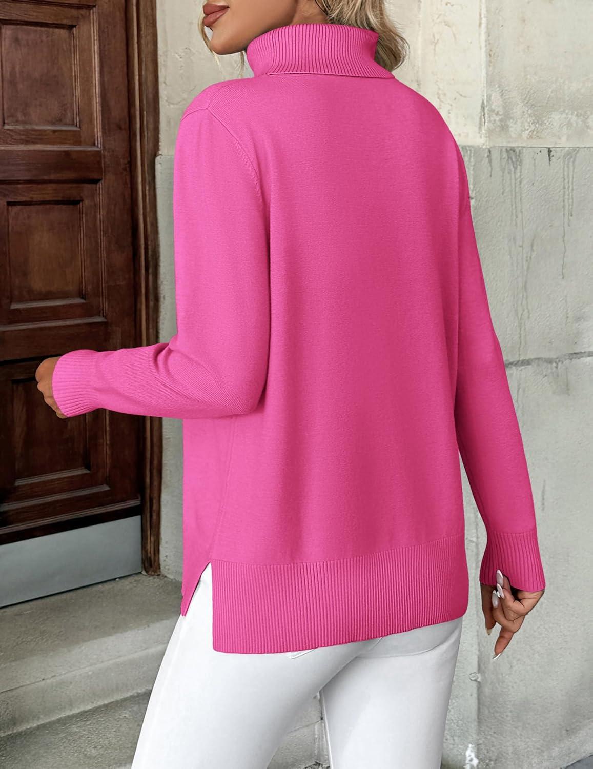 imageZeagoo Womens Turtleneck Sweater Long Sleeve Spilt Hem Casual Knit Pullover Chunky Fall Winter Jumper Top 2025Hot Pink