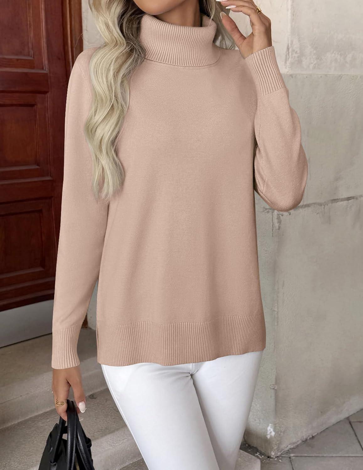 imageZeagoo Womens Turtleneck Sweater Long Sleeve Spilt Hem Casual Knit Pullover Chunky Fall Winter Jumper Top 2025Khaki
