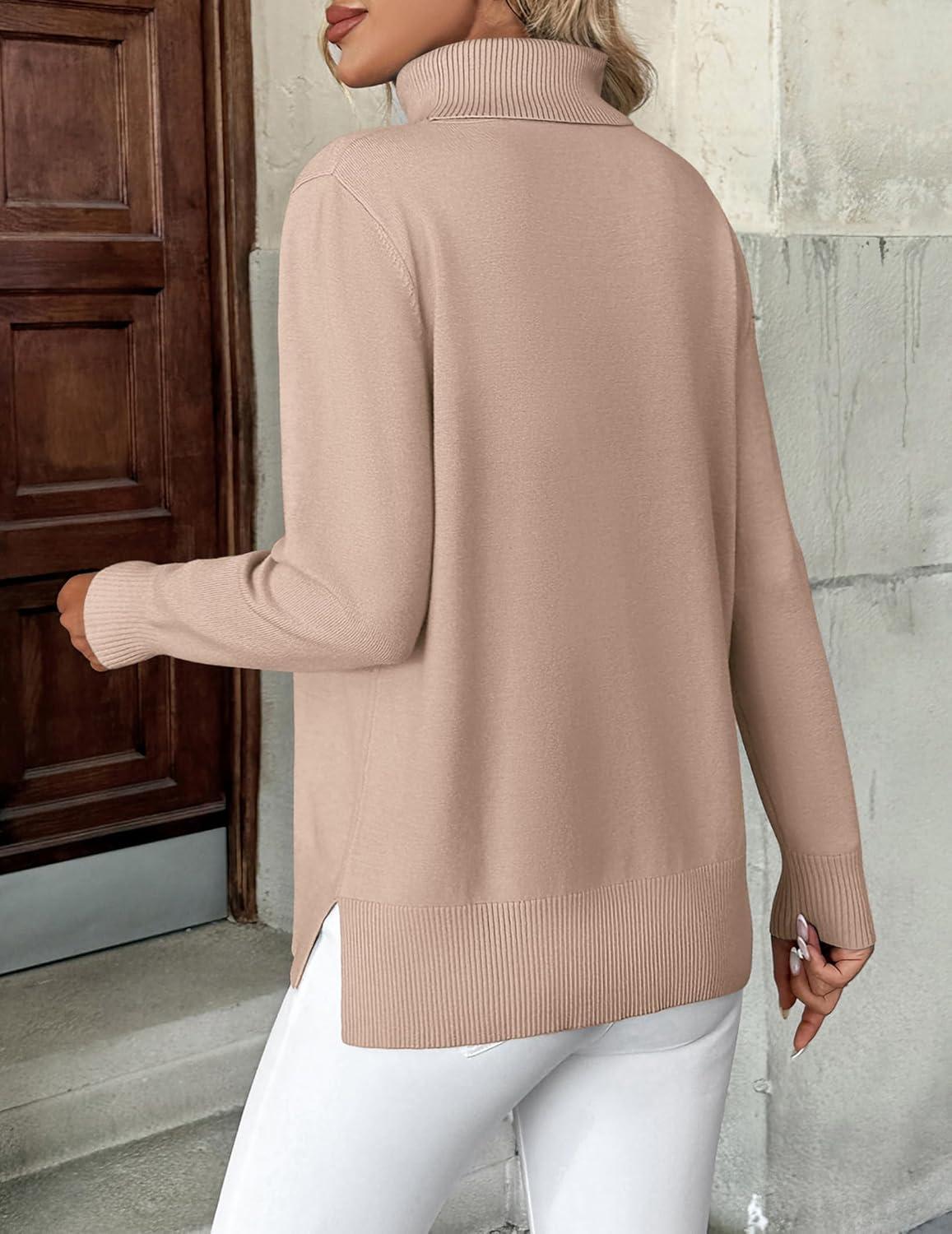imageZeagoo Womens Turtleneck Sweater Long Sleeve Spilt Hem Casual Knit Pullover Chunky Fall Winter Jumper Top 2025Khaki