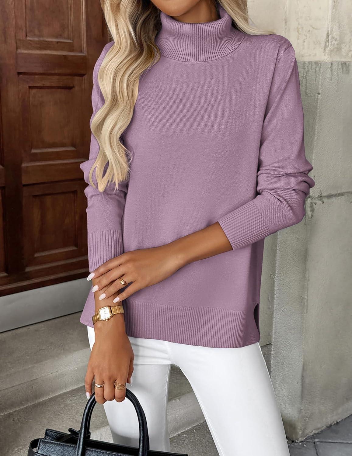 imageZeagoo Womens Turtleneck Sweater Long Sleeve Spilt Hem Casual Knit Pullover Chunky Fall Winter Jumper Top 2025Purple