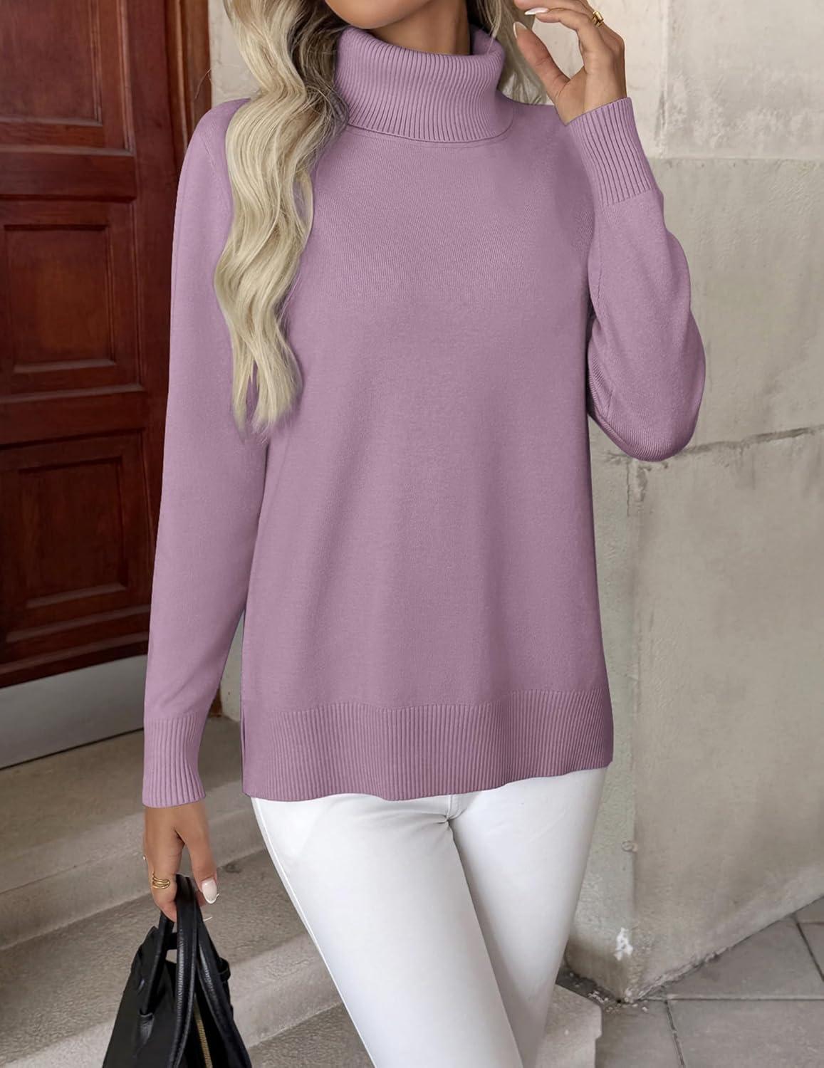 imageZeagoo Womens Turtleneck Sweater Long Sleeve Spilt Hem Casual Knit Pullover Chunky Fall Winter Jumper Top 2025Purple