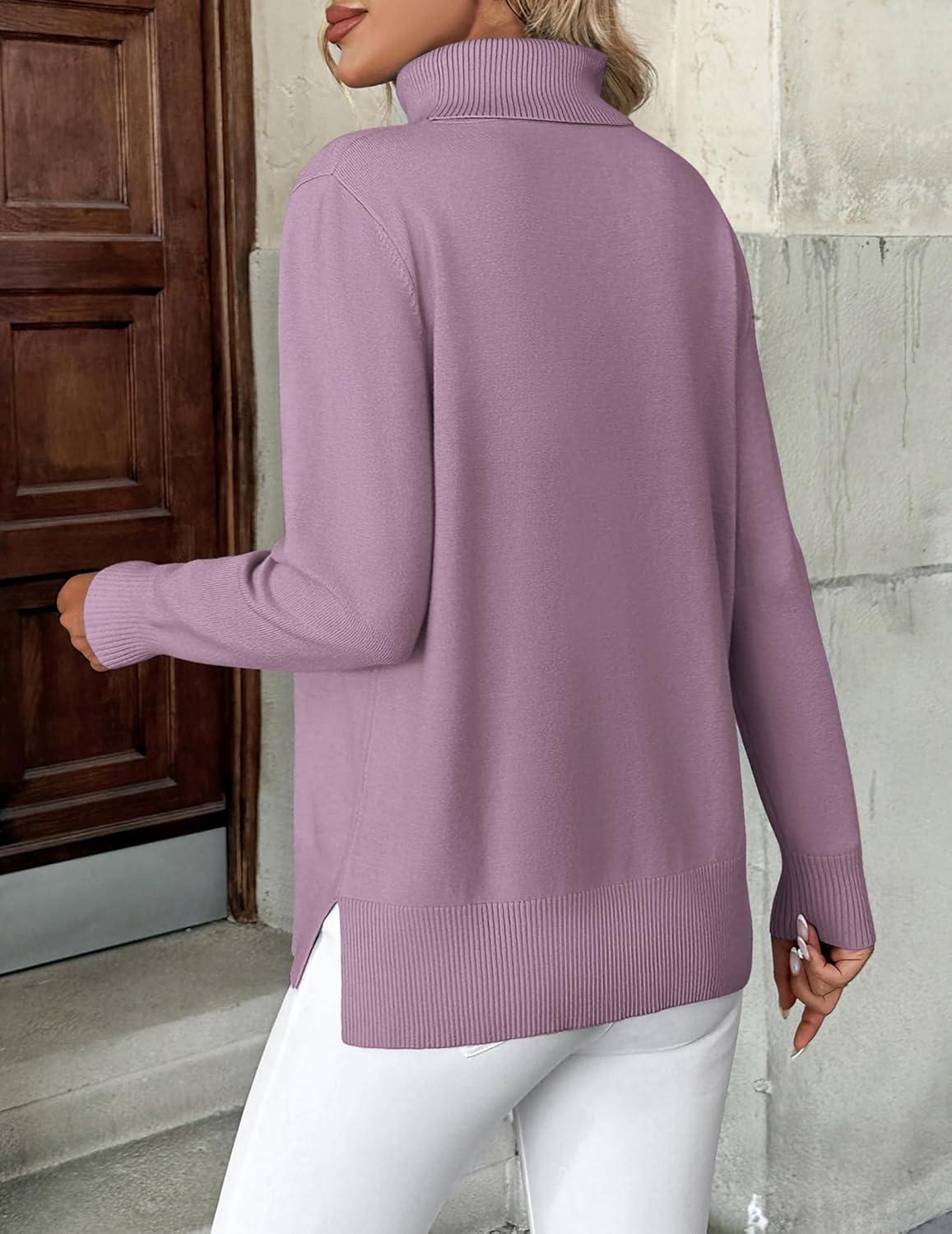 imageZeagoo Womens Turtleneck Sweater Long Sleeve Spilt Hem Casual Knit Pullover Chunky Fall Winter Jumper Top 2025Purple