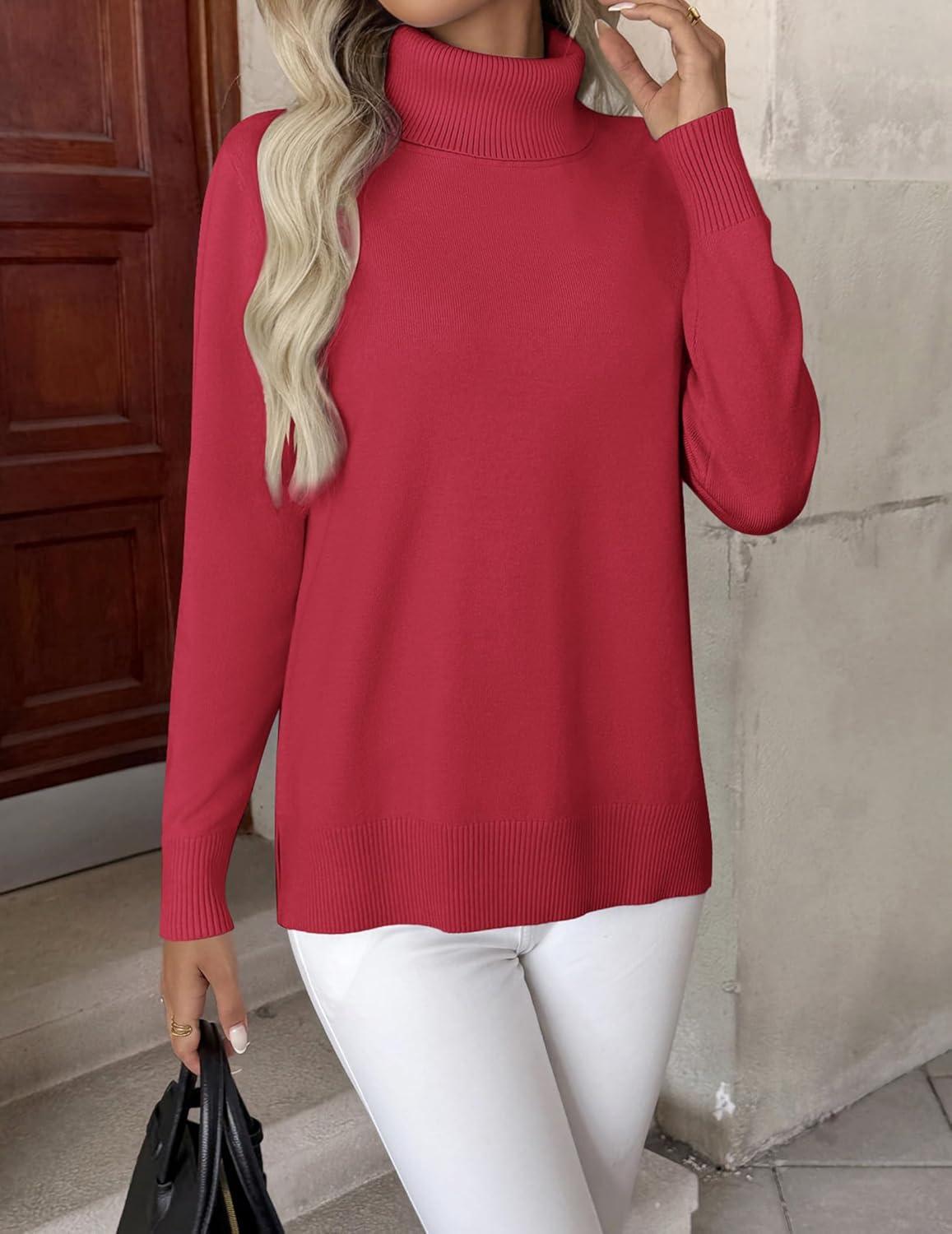 imageZeagoo Womens Turtleneck Sweater Long Sleeve Spilt Hem Casual Knit Pullover Chunky Fall Winter Jumper Top 2025Red