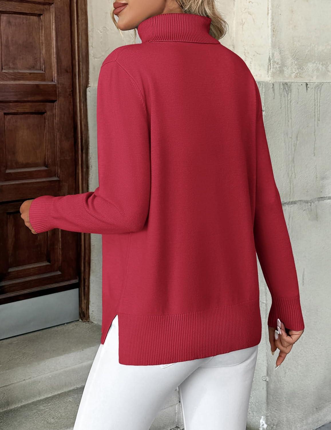 imageZeagoo Womens Turtleneck Sweater Long Sleeve Spilt Hem Casual Knit Pullover Chunky Fall Winter Jumper Top 2025Red