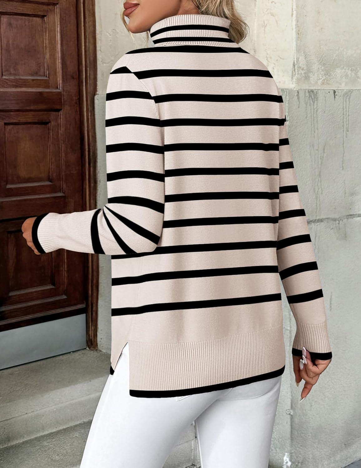 imageZeagoo Womens Turtleneck Sweater Long Sleeve Spilt Hem Casual Knit Pullover Chunky Fall Winter Jumper Top 2025Tw5stripe