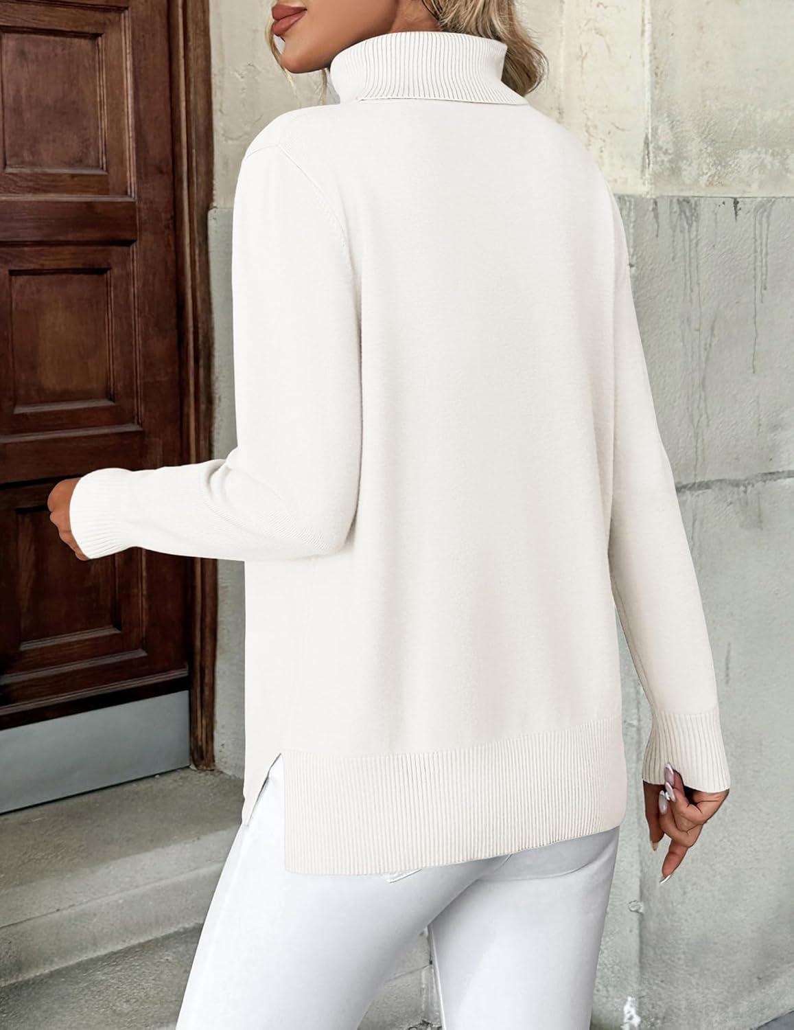 imageZeagoo Womens Turtleneck Sweater Long Sleeve Spilt Hem Casual Knit Pullover Chunky Fall Winter Jumper Top 2025White