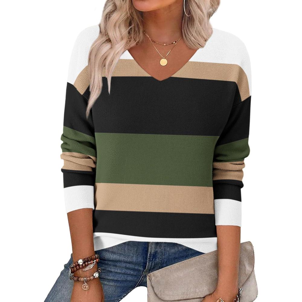 imageZeagoo Womens 2025 Fall Sweaters Long Sleeve V Neck Knit Pullovers Business Casual Sweater TopsArmy Stripe