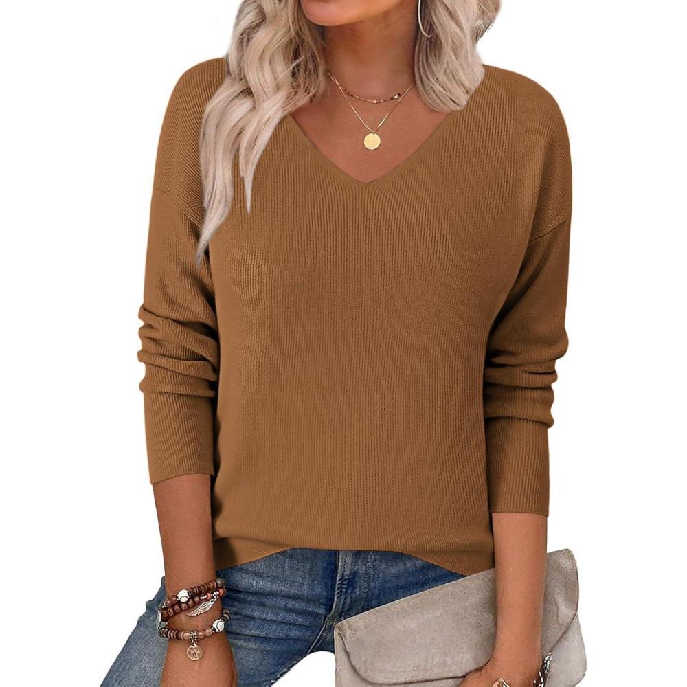 imageZeagoo Womens 2025 Fall Sweaters Long Sleeve V Neck Knit Pullovers Business Casual Sweater TopsCoffee