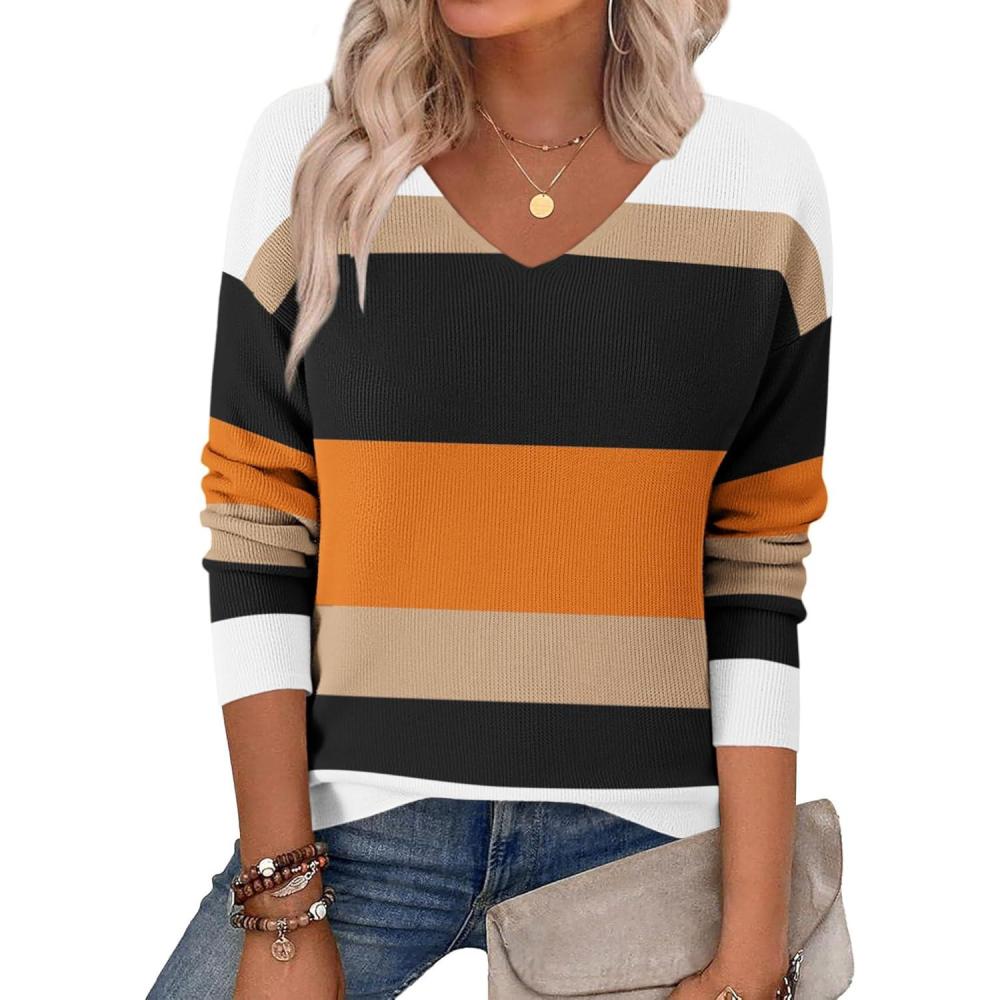 imageZeagoo Womens 2025 Fall Sweaters Long Sleeve V Neck Knit Pullovers Business Casual Sweater TopsOrange Stripe