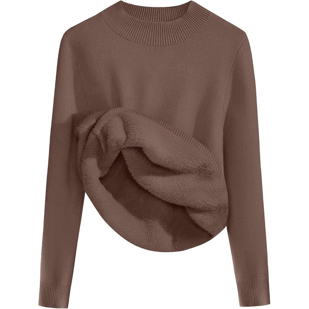 imageZeagoo Womens Fleece Sherpa Lined Sweater Mock Neck Long Sleeve Thermal Shirt 2025 Fall Winter Fuzzy Knit Jumper Tops SXXLCoffee