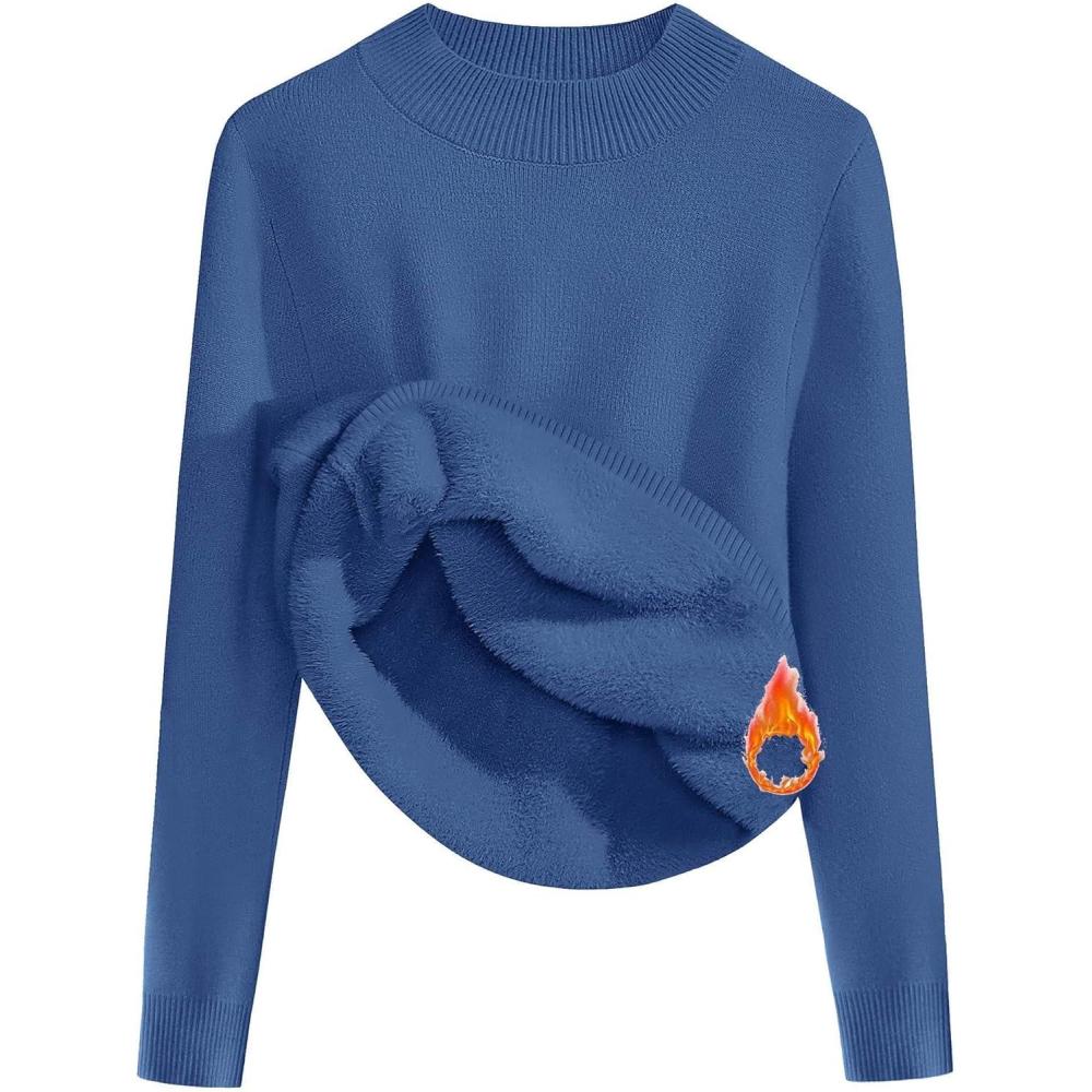 imageZeagoo Womens Fleece Sherpa Lined Sweater Mock Neck Long Sleeve Thermal Shirt 2025 Fall Winter Fuzzy Knit Jumper Tops SXXLNavy