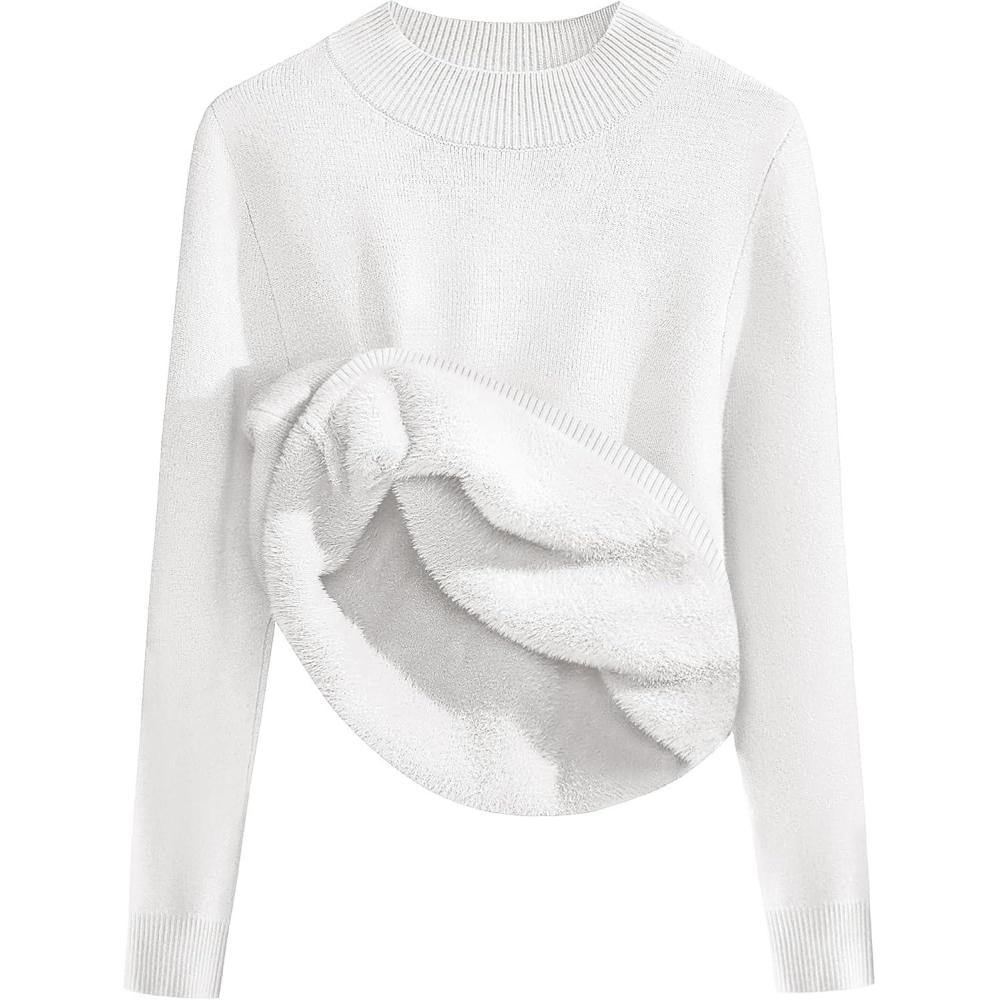 imageZeagoo Womens Fleece Sherpa Lined Sweater Mock Neck Long Sleeve Thermal Shirt 2025 Fall Winter Fuzzy Knit Jumper Tops SXXLWhite