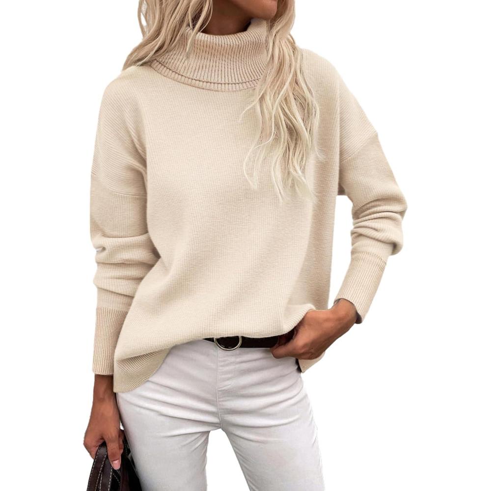 imageZeagoo Womens Turtleneck Sweater 2025 Fall Winter Chunky Knitted Pullover High Low Hem Trendy Basic Jumper TopBeige