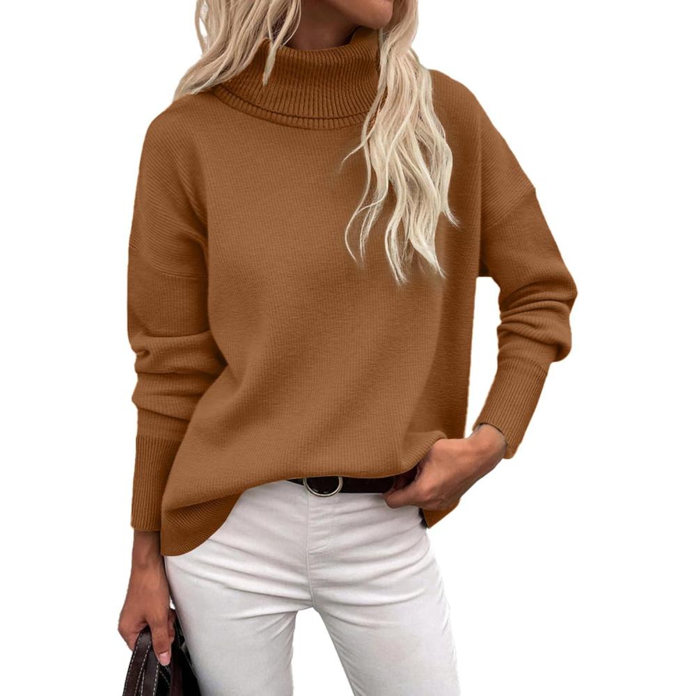 imageZeagoo Womens Turtleneck Sweater 2025 Fall Winter Chunky Knitted Pullover High Low Hem Trendy Basic Jumper TopBrown