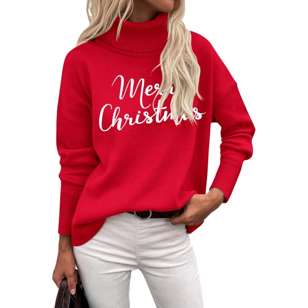 imageZeagoo Womens Turtleneck Sweater 2025 Fall Winter Chunky Knitted Pullover High Low Hem Trendy Basic Jumper TopChristmas Letter