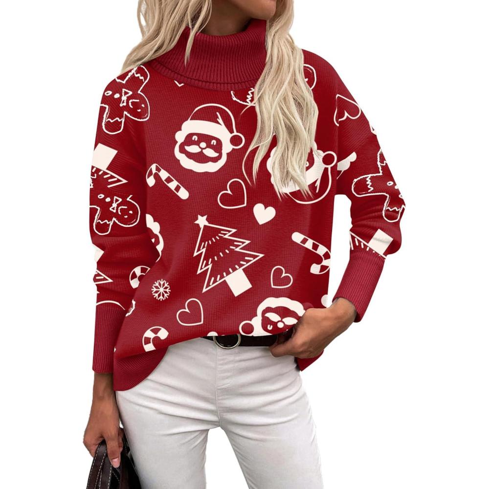 imageZeagoo Womens Turtleneck Sweater 2025 Fall Winter Chunky Knitted Pullover High Low Hem Trendy Basic Jumper TopChristmas Pattern